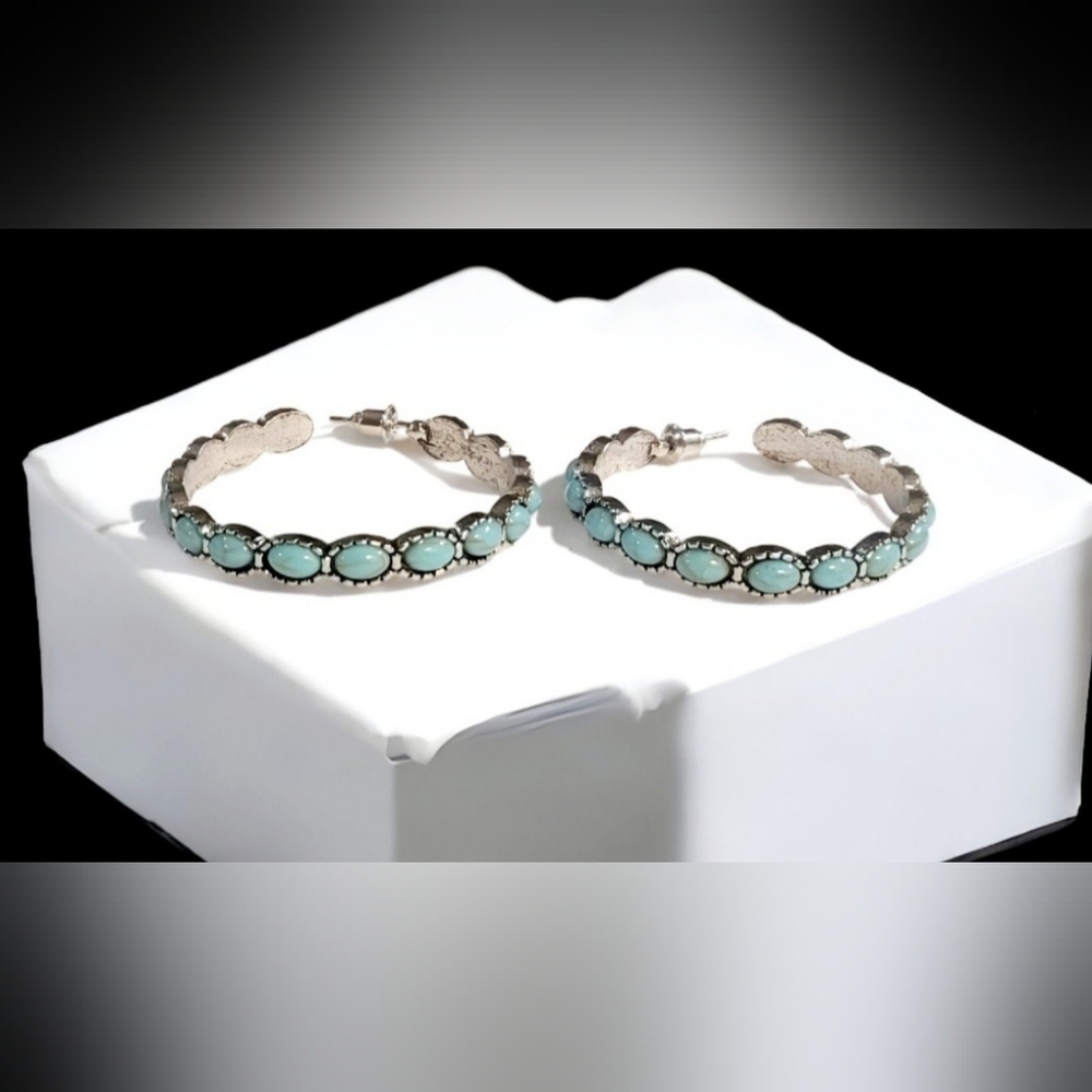 SOLD OUT! Womens Turquoise Antique Silver Hoop Earrings